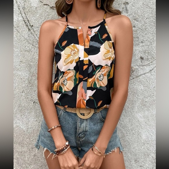 Boho Floral Print Cami Top Blouse Shirt Black - Picture 4 of 5